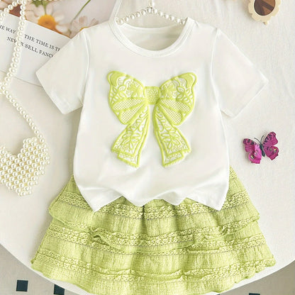 2pcs Summer Girls' Short Sleeve Round Neck Bow Top + Skirt Set with Embossed Butterfly Design, Casual and Cute for Outdoor Wear, Perfect for Outdoor - alotasawkli