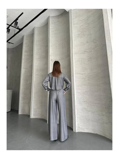 مجموعة قميص كروب واسع الأرجل للنساء من VOLT CLOTHING مع تفاصيل جيب - alotasawkli