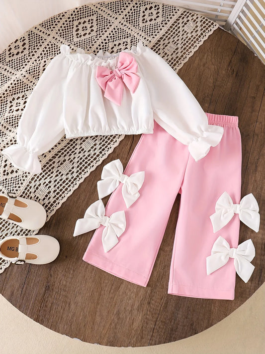 Girls' Trendy Bubble Sleeve 3D Bow White Long-Sleeve Top - alotasawkli