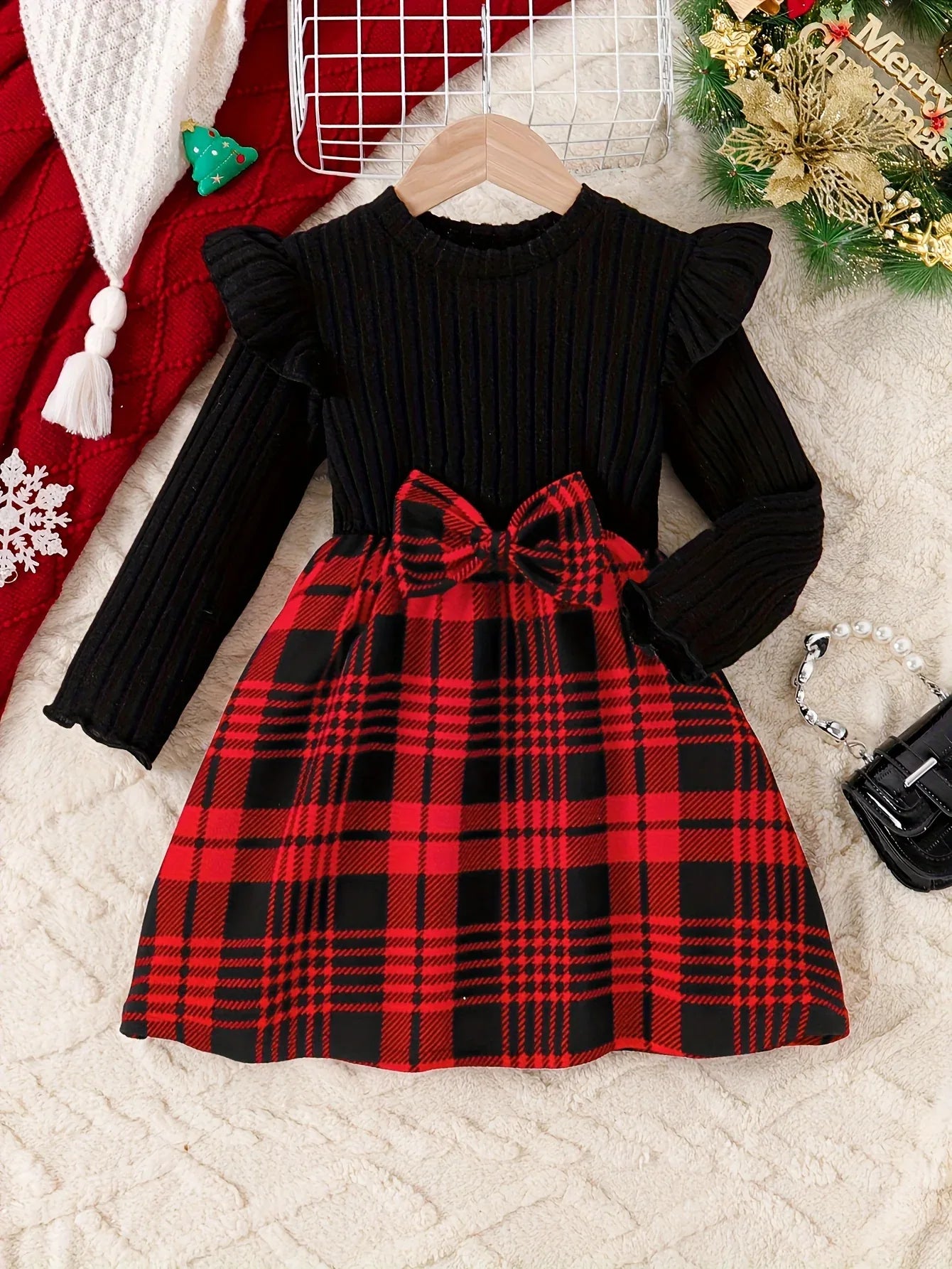 A Long-Sleeved Dress for Girls Featuring a Checkered Pattern And a Bow Decoration with Flutter Sleeves - alotasawkli
