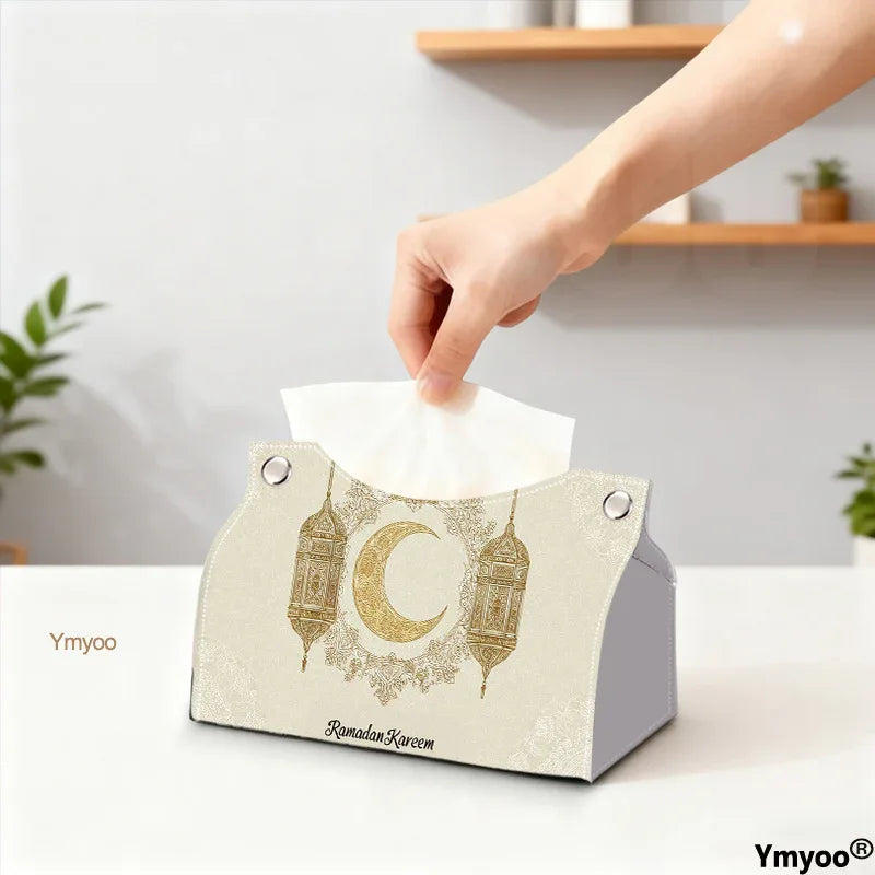 Islamic Tissue Box with Golden Crescent Moon & Arabic Ramadan Kareem - alotasawkli