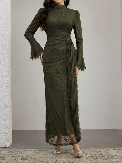 TEMU-Elegant Long-Sleeve Lace Dress with Ruffle Neckline - alotasawkli