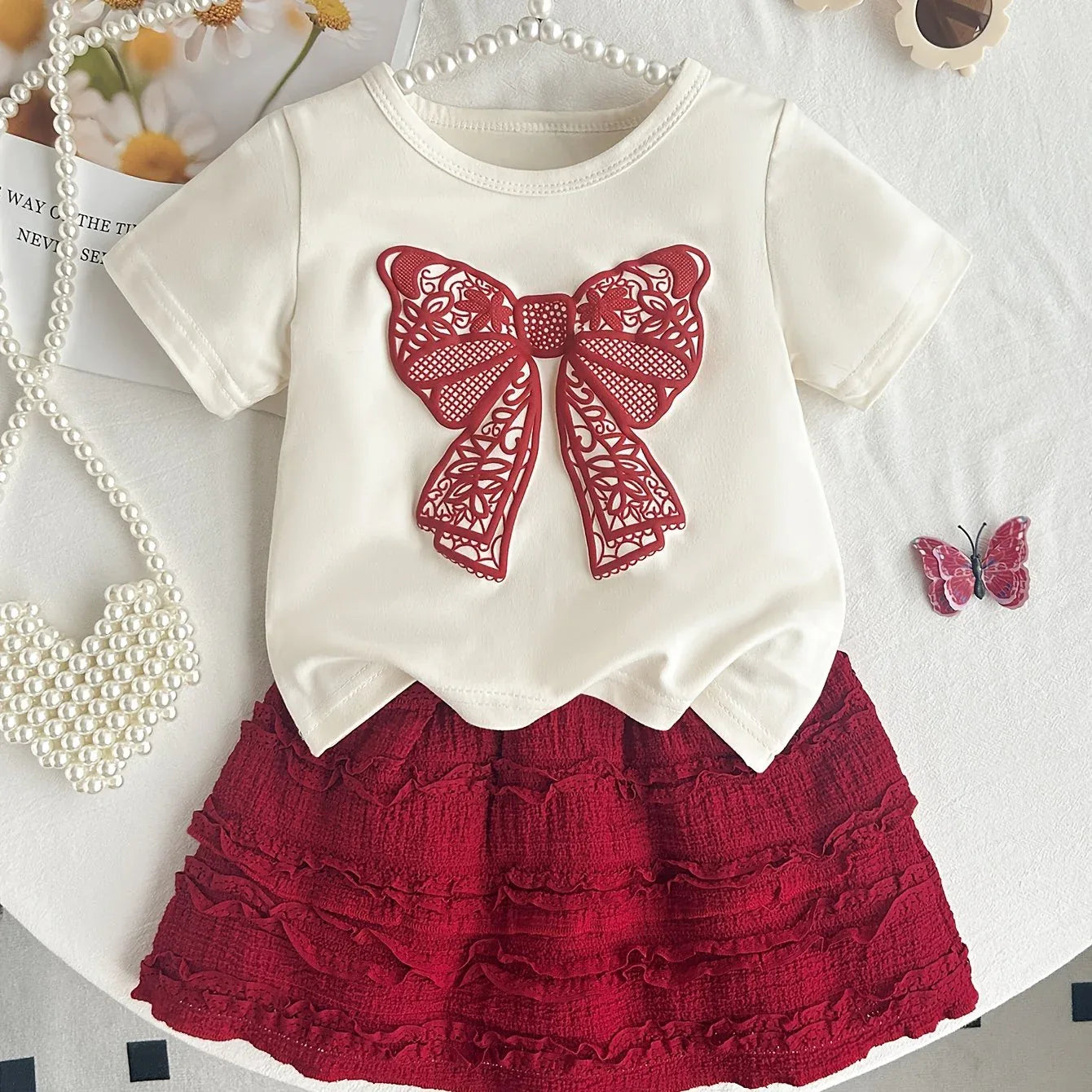 2pcs Summer Girls' Short Sleeve Round Neck Bow Top + Skirt Set with Embossed Butterfly Design, Casual and Cute for Outdoor Wear, Perfect for Outdoor - alotasawkli