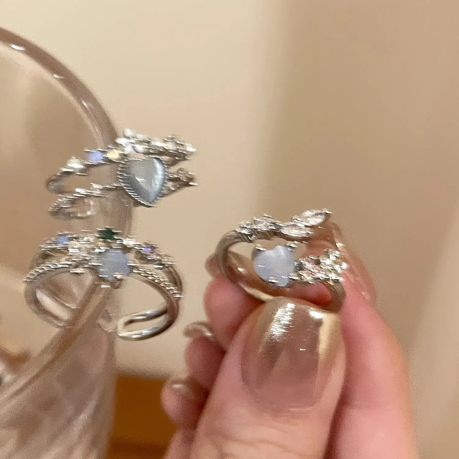 3pcs Sea Blue Heart Moonlight Open Ring Set for Women - alotasawkli