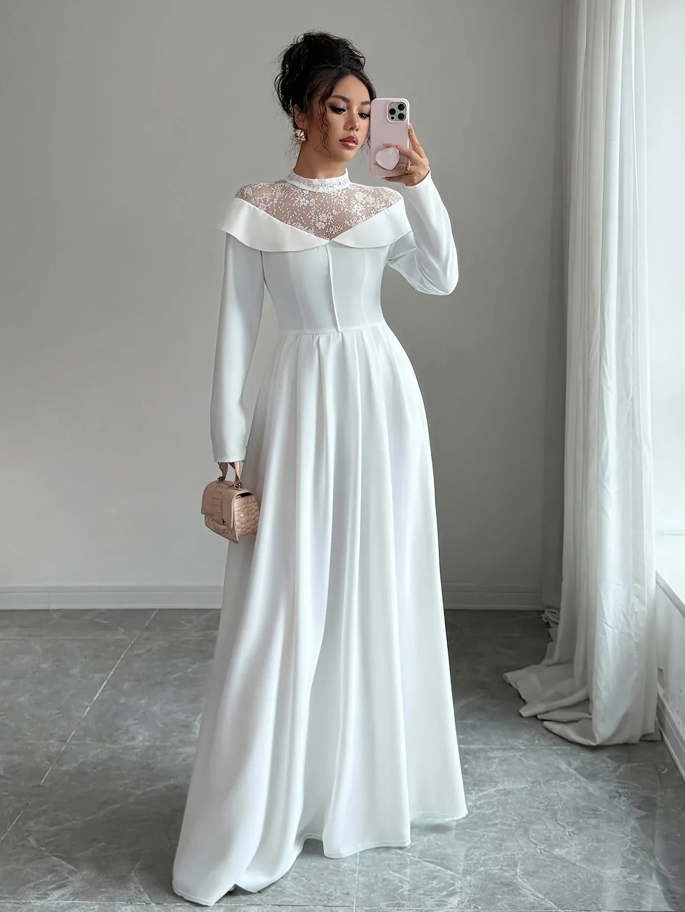 Elegant White A-Line Maxi Dress with Mesh Panel - alotasawkli