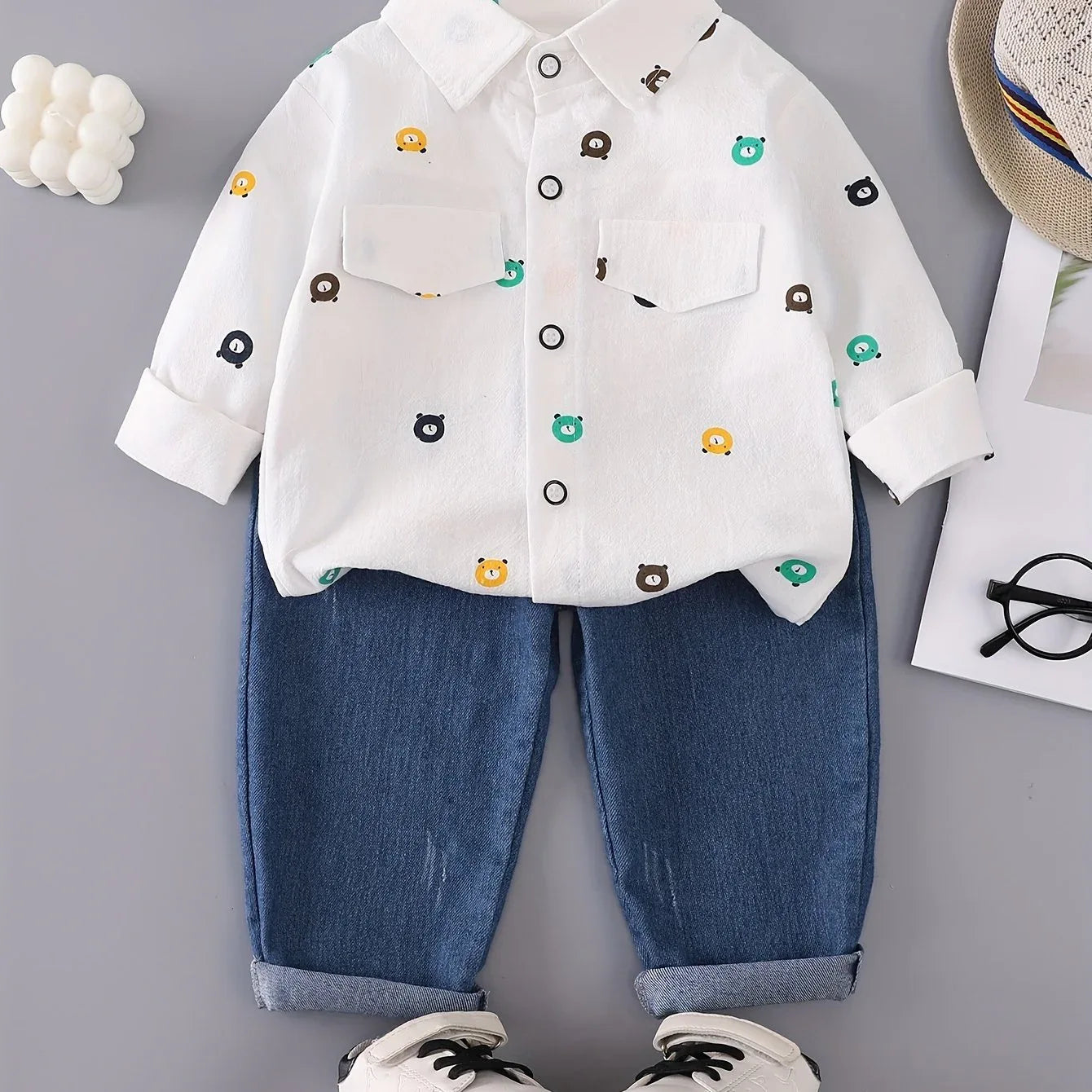 TEMU-Boys' Print Outfit with a Bear Pocket Long-Sleeve - alotasawkli