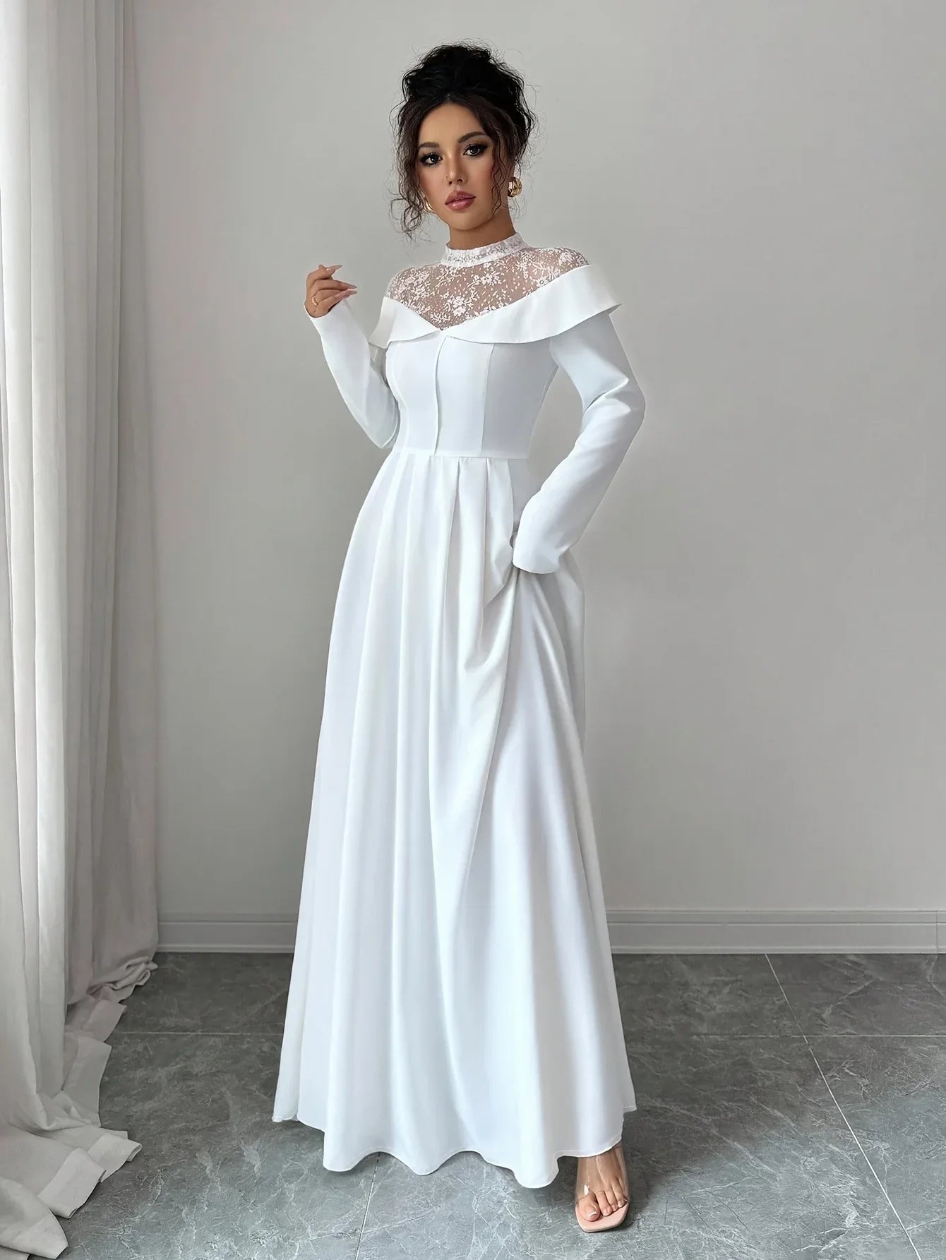 Elegant White A-Line Maxi Dress with Mesh Panel - alotasawkli