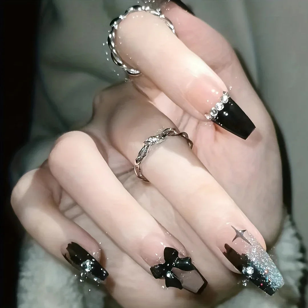 TEMU-24pcs Rhinestone-Adorned Black French Ballet Nails - alotasawkli