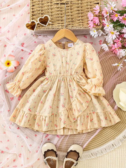 1pc Girls' Comfortable Cotton Jacquard Floral Pattern Spliced Dress - alotasawkli