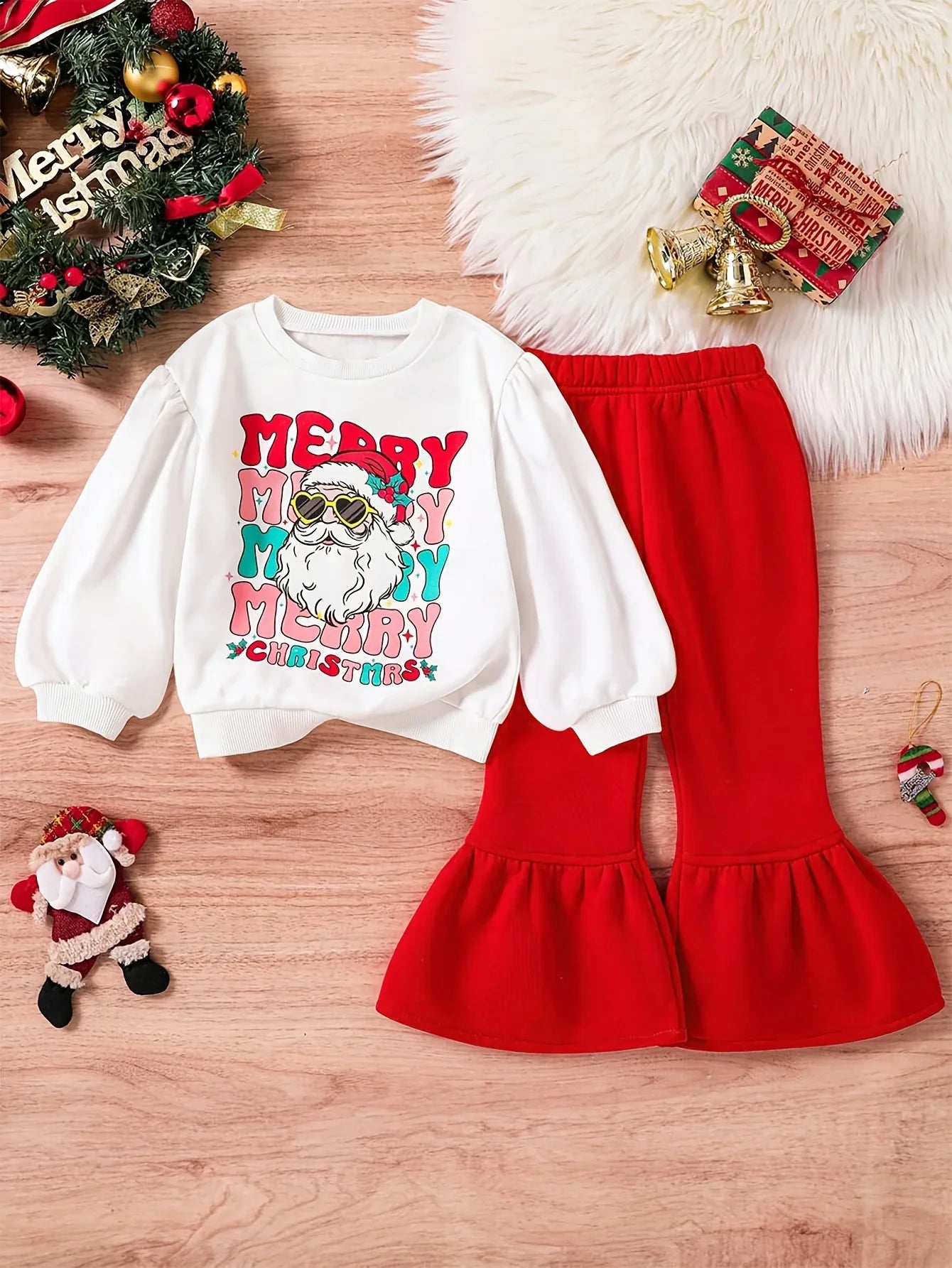 Cute Cartoon Santa Claus Pattern White Long-Sleeve Sweatshirt with Round Neck And Red Flared Pants Two-Piece Set for Baby Girls, Perfect for Autumn And Winter Outings During Christmas, for Outdoor - alotasawkli