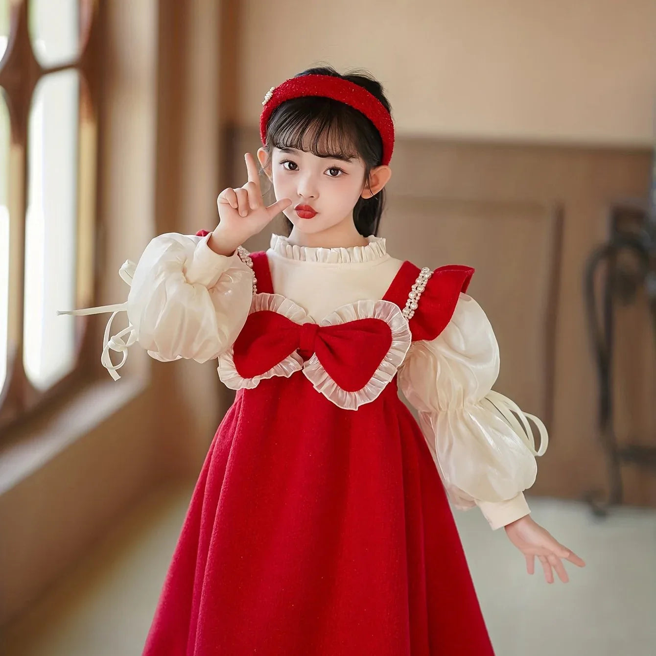 TEMU-Girls' Two-Piece Princess Dress with Bubble Sleeves & Big Bow - Red - alotasawkli