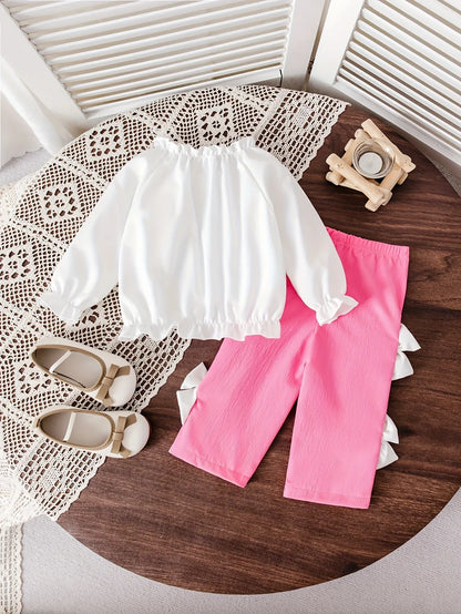 Girls' Autumn/Winter Oversized Bow Top + Four Bow Long Pants Set with Ruffled Collar, Sweet Princess Style, Warm, Perfect for Outdoor - alotasawkli