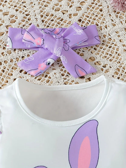 2pcs Cute Little Rabbits Baby Girls' Outfit | Autumn and Winter Small Flying Sleeve T-shirt and Flared Long Pants with Headwear, Suitable for Festival Wear, for Outdoor - alotasawkli