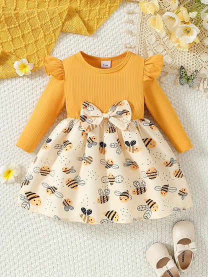 Children's Autumn Print Round Neck Cute Bee Bow Knee-Length Fashion Comfortable Dress - alotasawkli