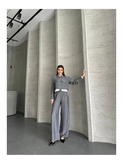 مجموعة قميص كروب واسع الأرجل للنساء من VOLT CLOTHING مع تفاصيل جيب - alotasawkli