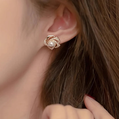 Elegant Floral Stud Earrings - Imitation Pearl, Zinc Alloy - alotasawkli