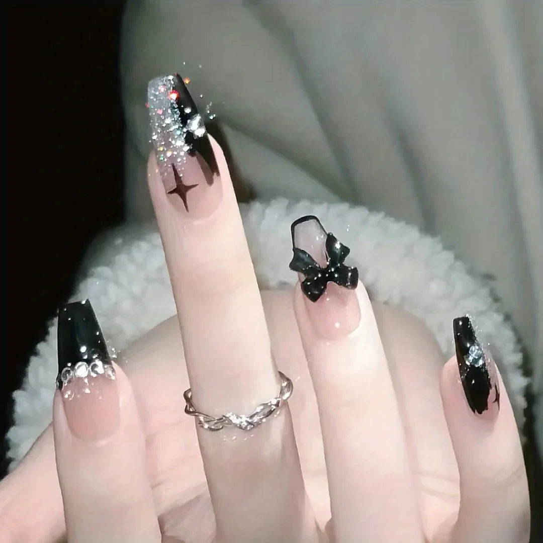 TEMU-24pcs Rhinestone-Adorned Black French Ballet Nails - alotasawkli