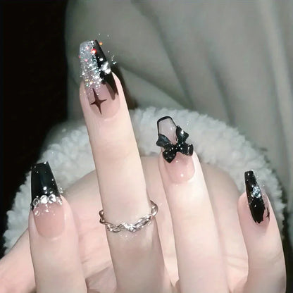 TEMU-24pcs Rhinestone-Adorned Black French Ballet Nails - alotasawkli
