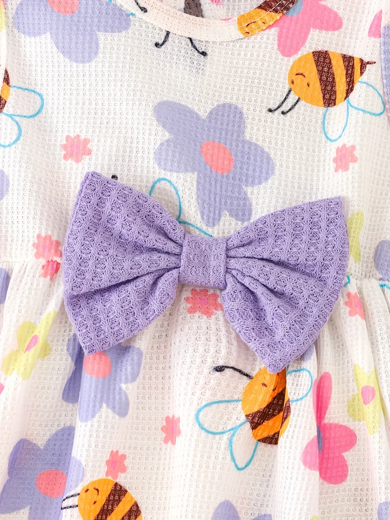 2pcs Autumn Winter Girl Purple Ruffle Jacket Button Decoration Bow Flower Little Bee Print Vest Dress, Suitable for Outdoor Play and Events, Casual Elegant, Fashionable Clothing, Perfect for Outdoor - alotasawkli