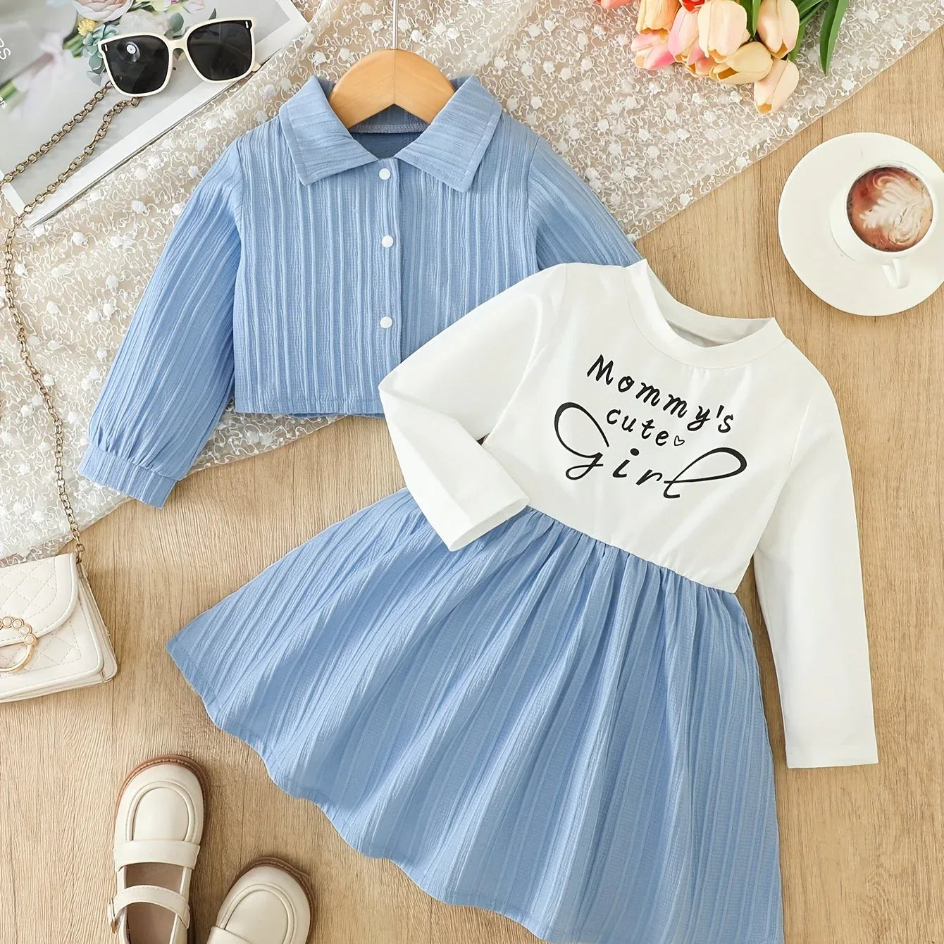 2pcs set: Girls' Letter Print Colour-blocked Round-neck Casual Dress with Solid-colour Pleated Lapel Jacket | Slight Stretch Fabric, Alphabets Pattern, Regular Fit, Suitable for Spring/Fall, for Outdoor - alotasawkli