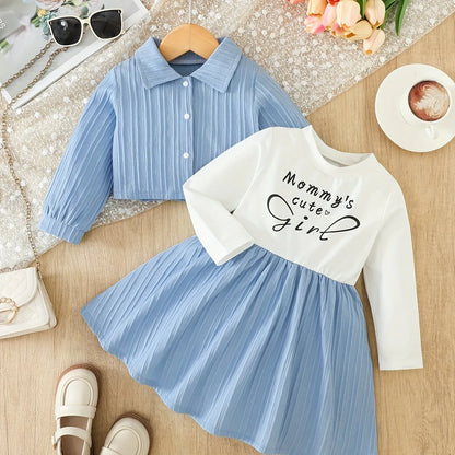 2pcs set: Girls' Letter Print Colour-blocked Round-neck Casual Dress with Solid-colour Pleated Lapel Jacket | Slight Stretch Fabric, Alphabets Pattern, Regular Fit, Suitable for Spring/Fall, for Outdoor - alotasawkli