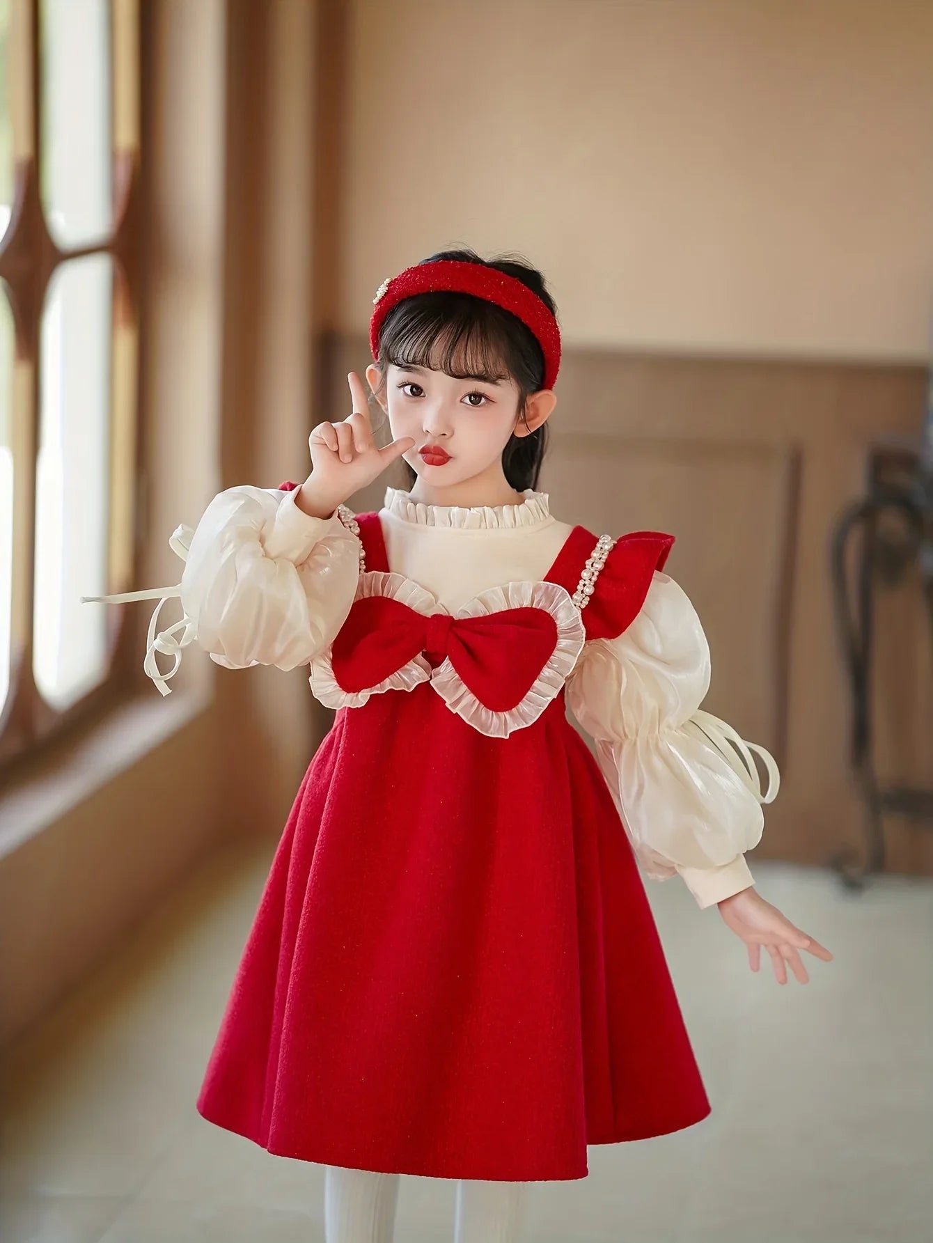 TEMU-Girls' Two-Piece Princess Dress with Bubble Sleeves & Big Bow - Red - alotasawkli