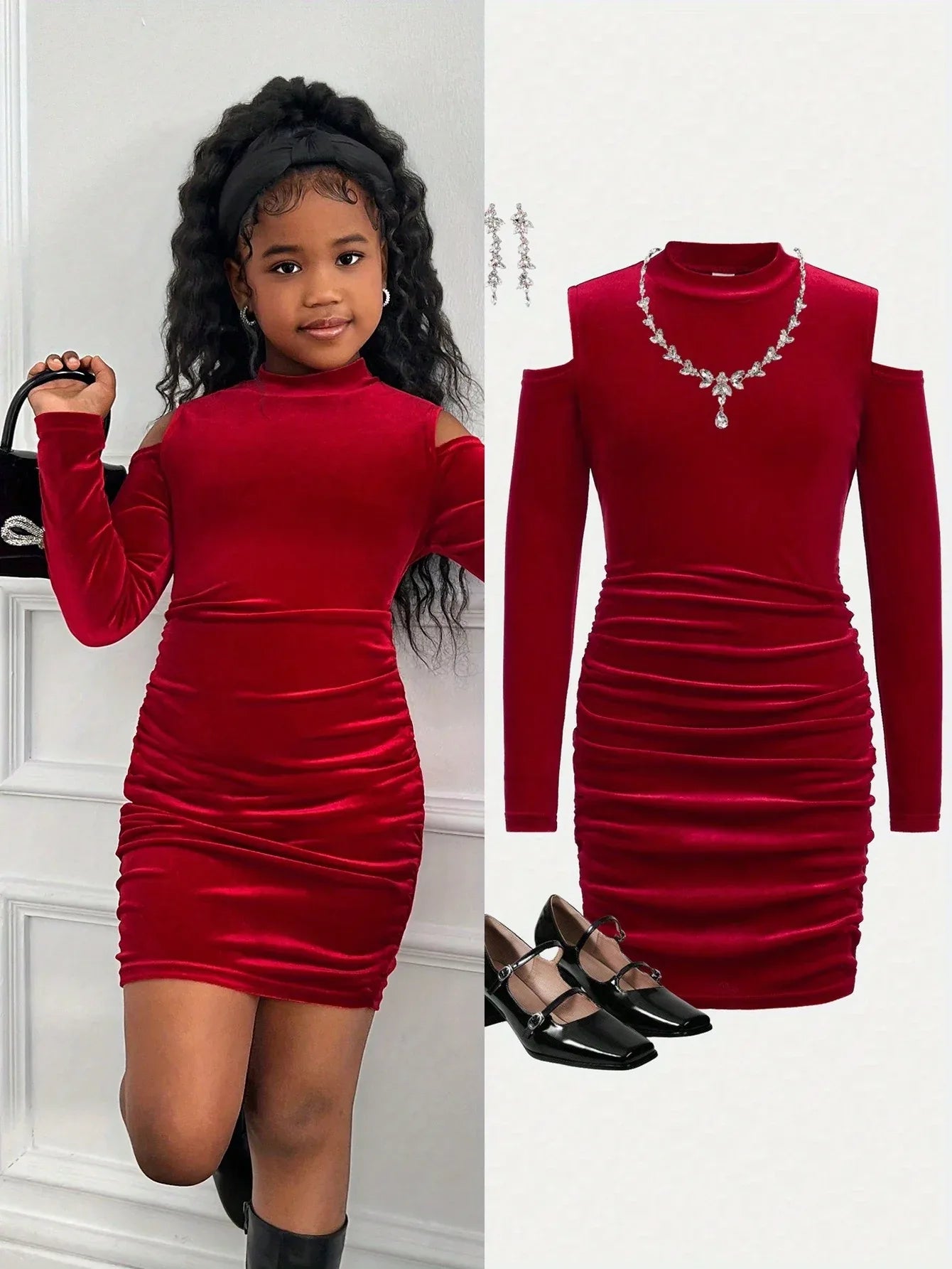 TEMU-A Stylish Red Off-Shoulder Dress for Girls - alotasawkli