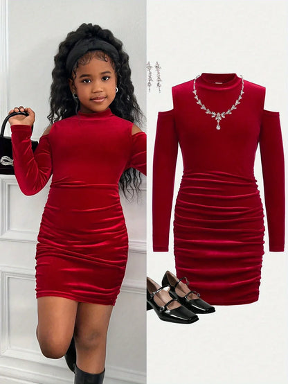 TEMU-A Stylish Red Off-Shoulder Dress for Girls - alotasawkli