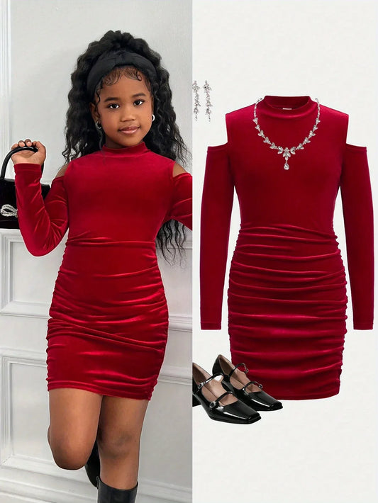 TEMU-A Stylish Red Off-Shoulder Dress for Girls - alotasawkli