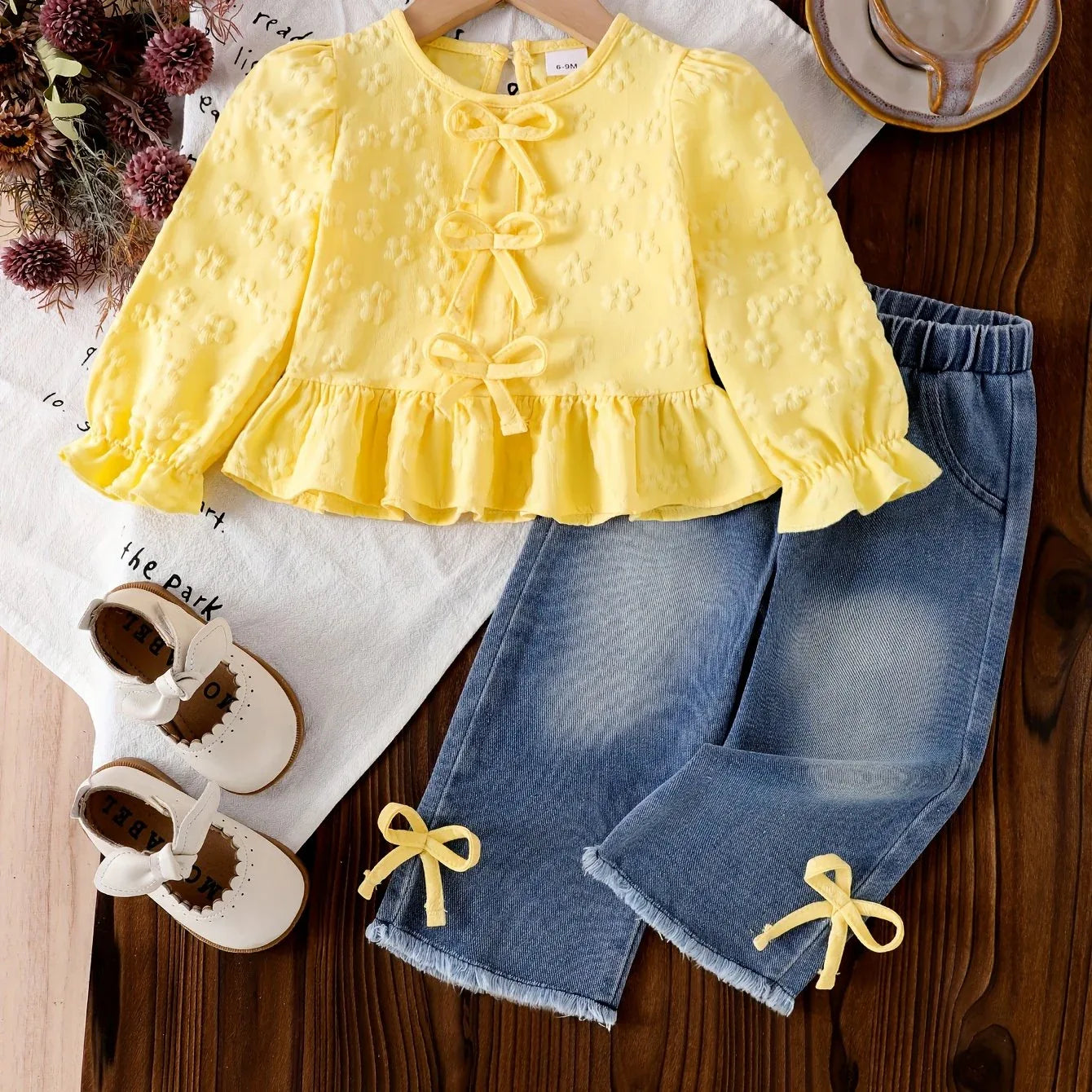 TEMU-Girls' 2pcs Set: Bow-Embellished Long-Sleeve - alotasawkli
