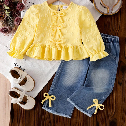 TEMU-Girls' 2pcs Set: Bow-Embellished Long-Sleeve - alotasawkli