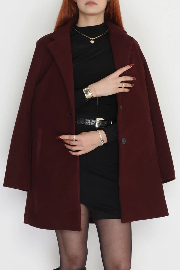 Women’s Burgundy Lined Wool-Look Coat – 85cm Mid-Length
