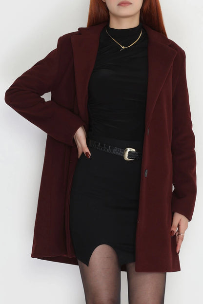 Women’s Burgundy Lined Wool-Look Coat – 85cm Mid-Length