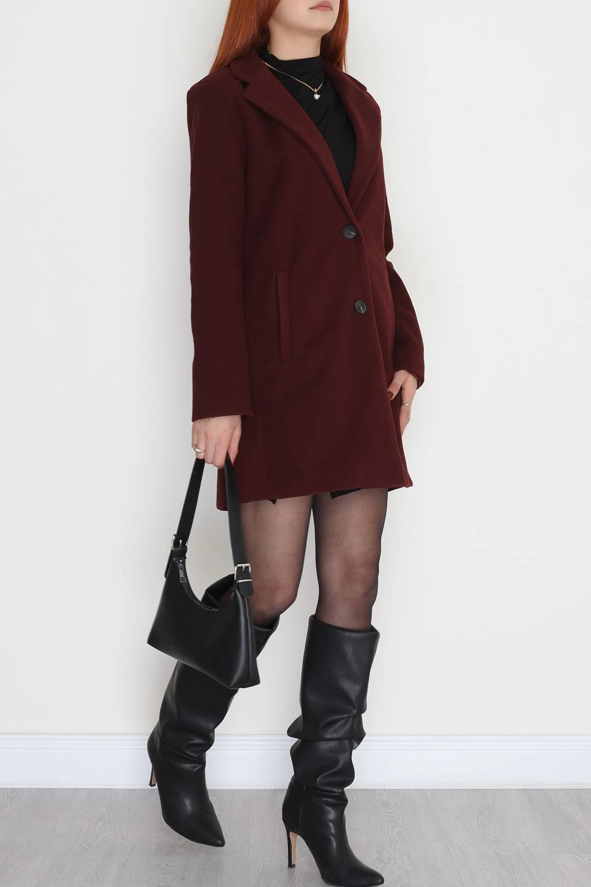 Women’s Burgundy Lined Wool-Look Coat – 85cm Mid-Length
