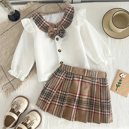 2pcs Autumn and Winter Butterfly Fly Sleeve Ruffle Sleeve Open Top+pleated Plaid Skirt Set, Fashionable and Simple, Suitable for Birthday Gifts, Daily Wear, Perfect for Outdoor - alotasawkli