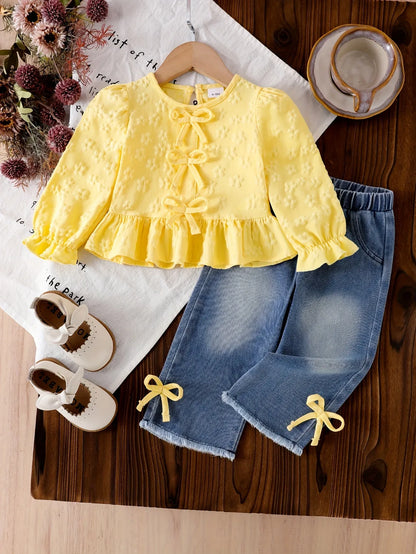 TEMU-Girls' 2pcs Set: Bow-Embellished Long-Sleeve - alotasawkli