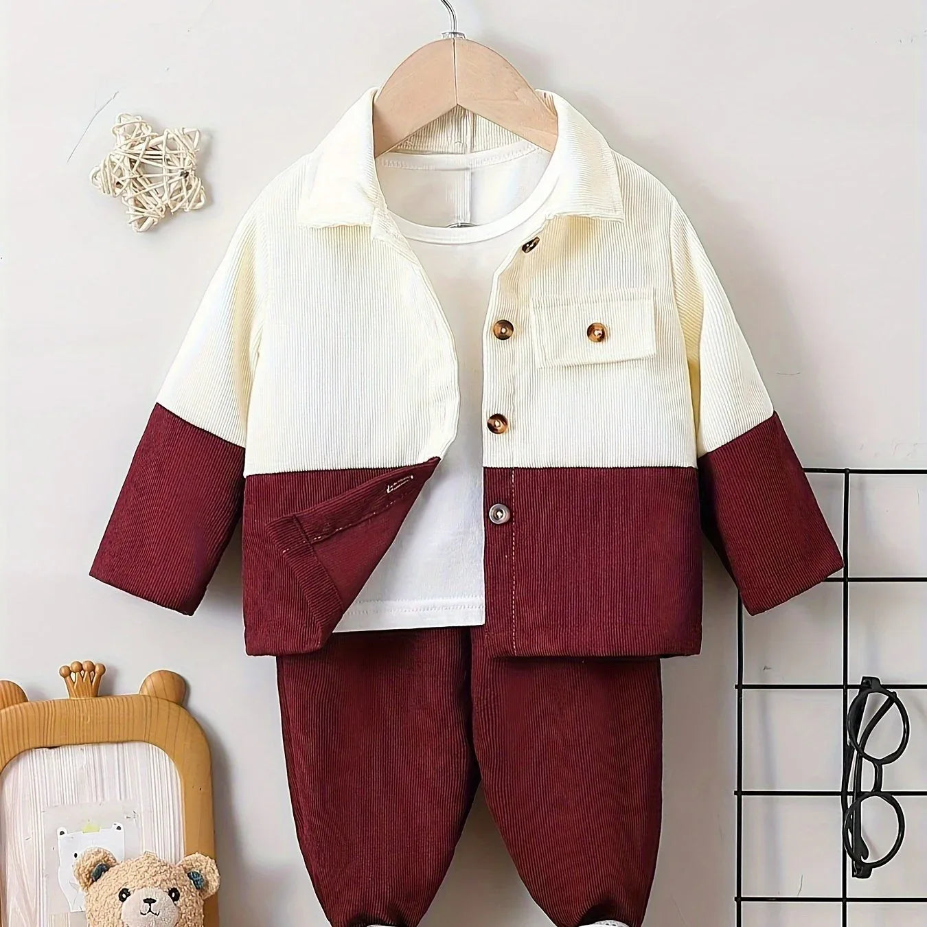TEMU-Boys' Lapel Patchwork Shirt + Solid Color Shorts Two-Piece - alotasawkli