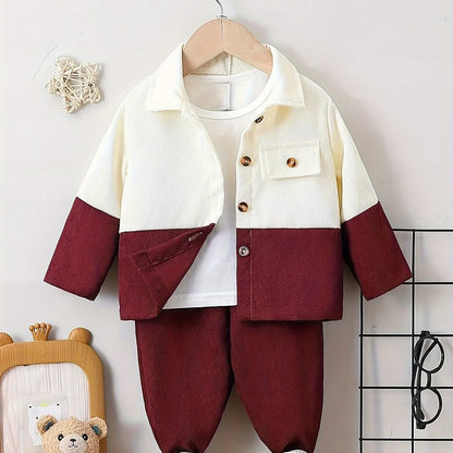 TEMU-Boys' Lapel Patchwork Shirt + Solid Color Shorts Two-Piece - alotasawkli