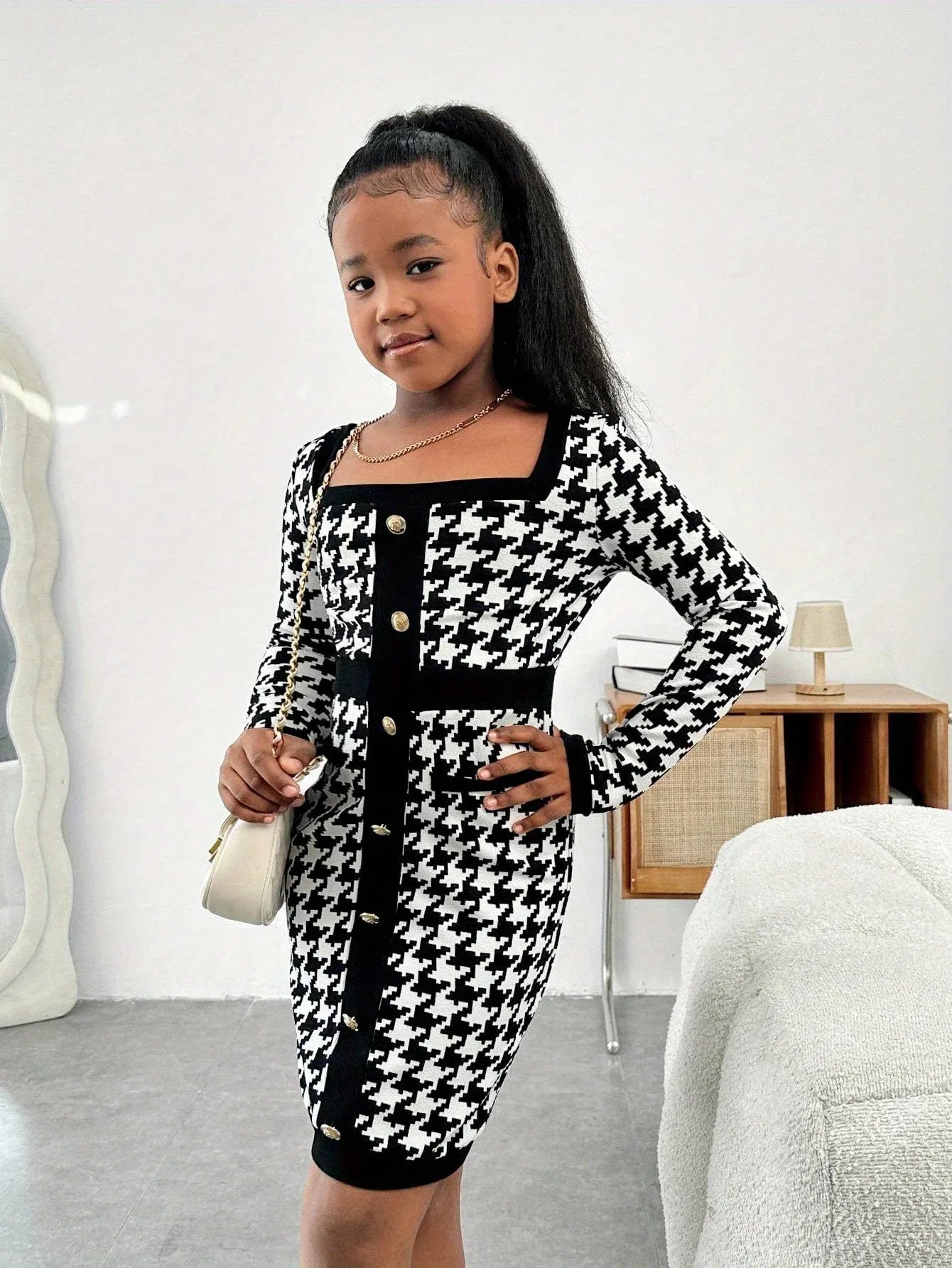TEMU-Tween Girl's Elegant Houndstooth Print Square Neck - alotasawkli