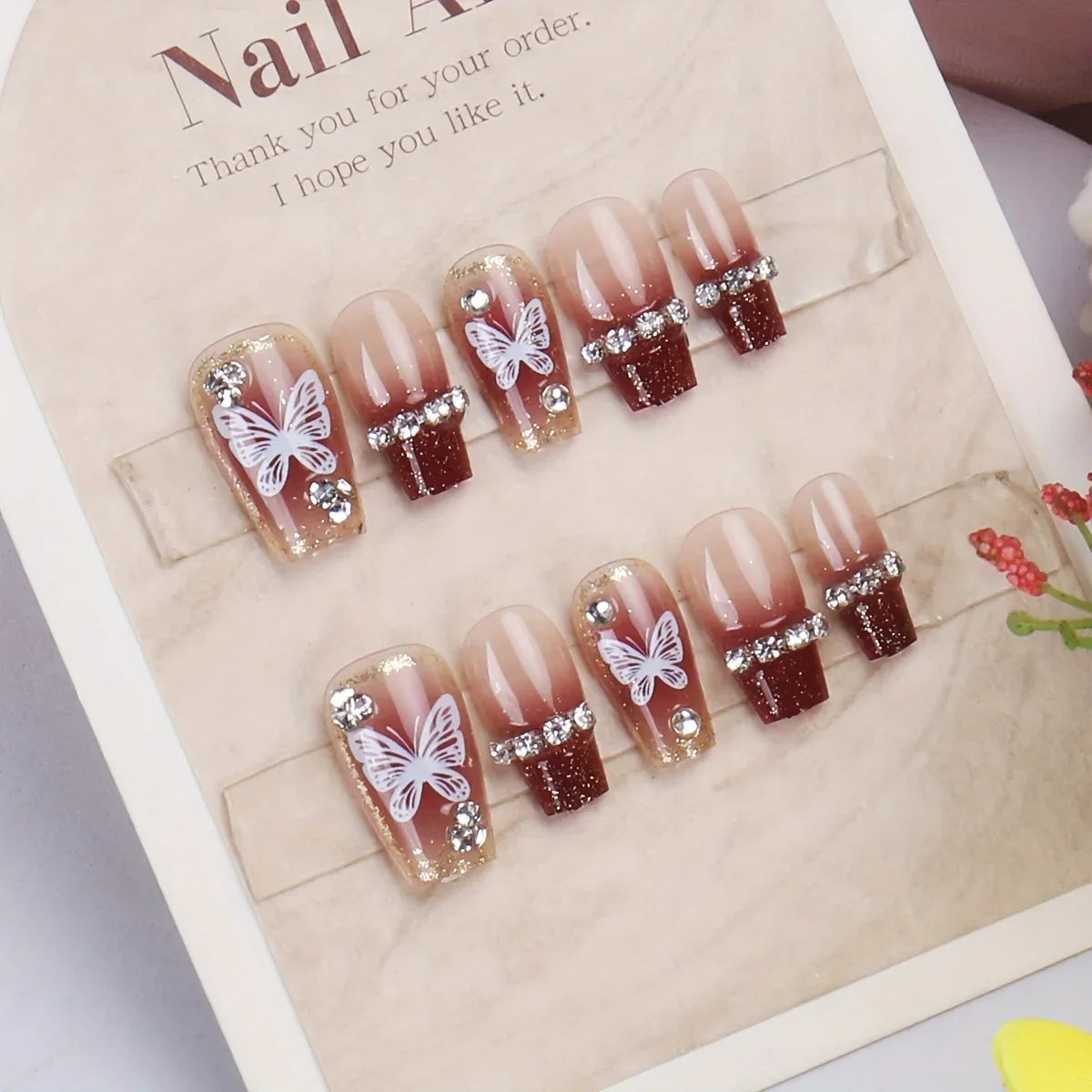 TEMU-30pcs French Burgundy Gradient Fake Nails with White Butterfly Print - alotasawkli