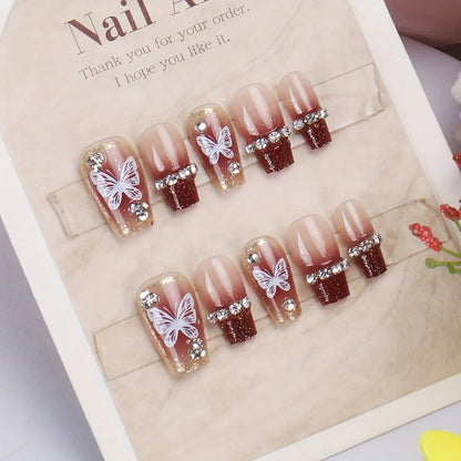 TEMU-30pcs French Burgundy Gradient Fake Nails with White Butterfly Print - alotasawkli