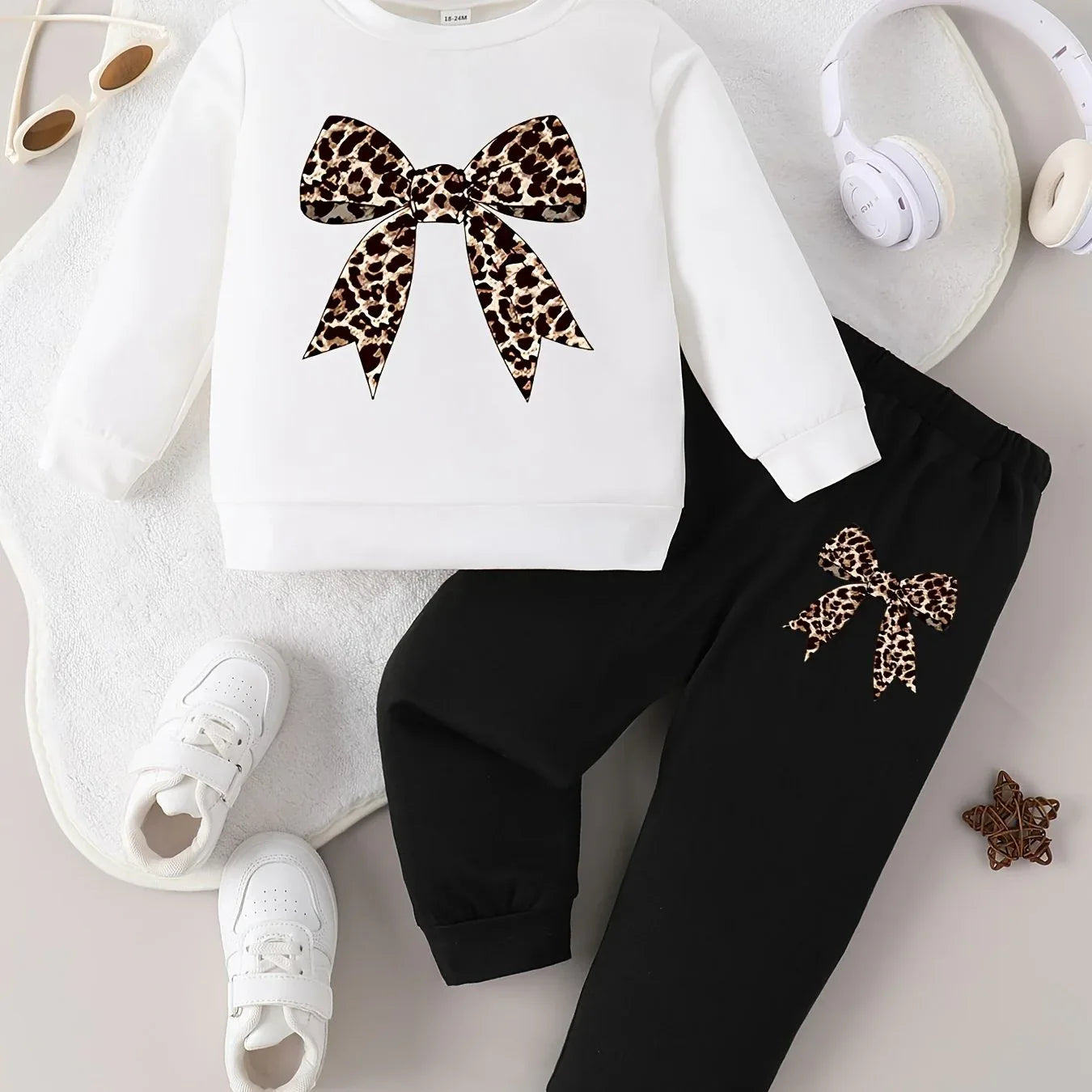Spring/Autumn Baby Girl Round Neck Leopard Print Bow Long Sleeve Top and Pants Casual Two-Piece Set, Perfect for Outdoor - alotasawkli