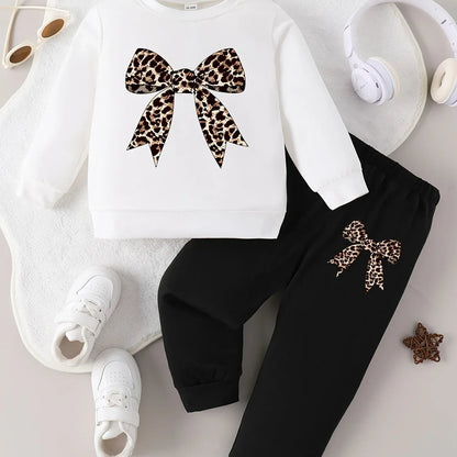 Spring/Autumn Baby Girl Round Neck Leopard Print Bow Long Sleeve Top and Pants Casual Two-Piece Set, Perfect for Outdoor - alotasawkli