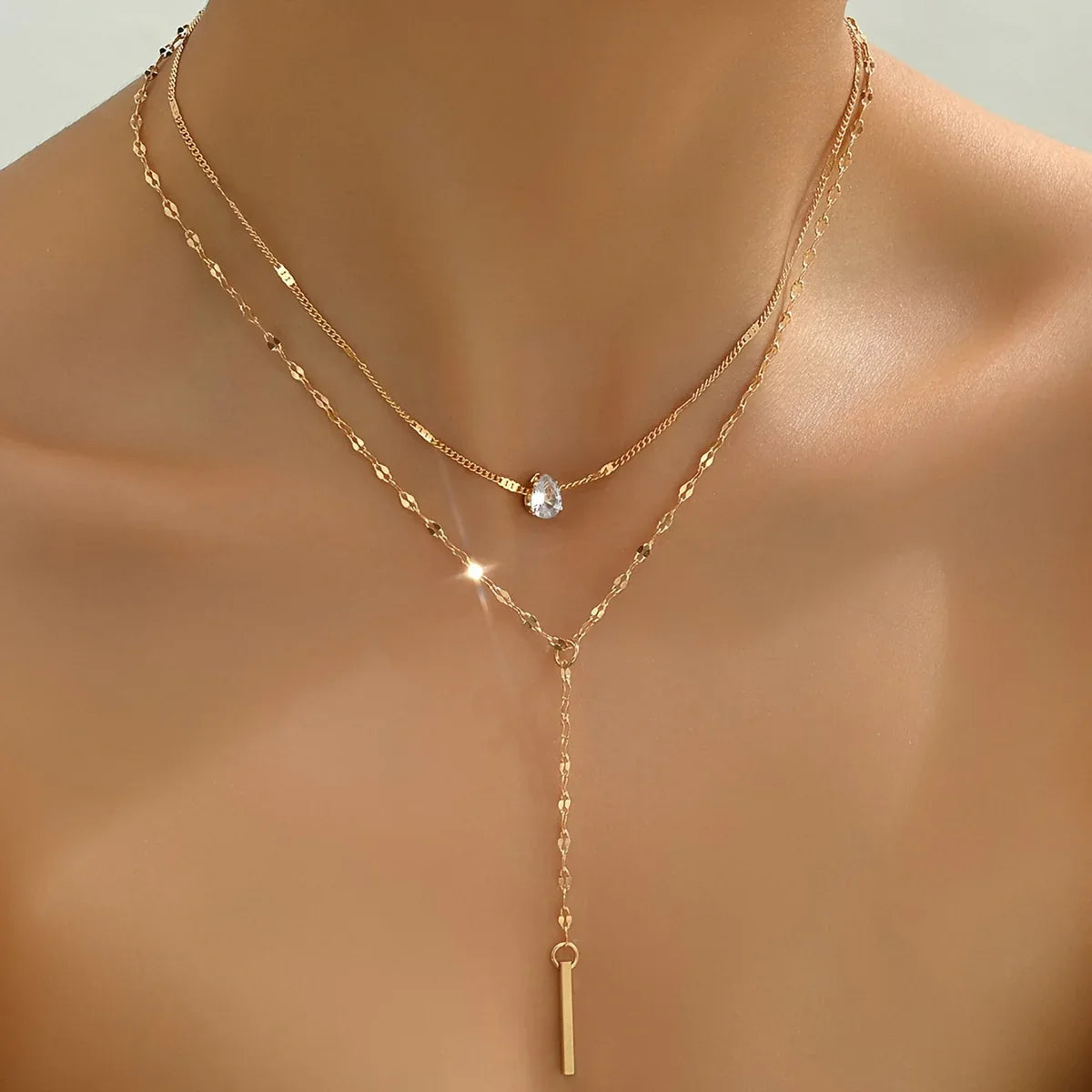 Sparkling Rhinestone Multi-Layered Pendant Necklace - alotasawkli