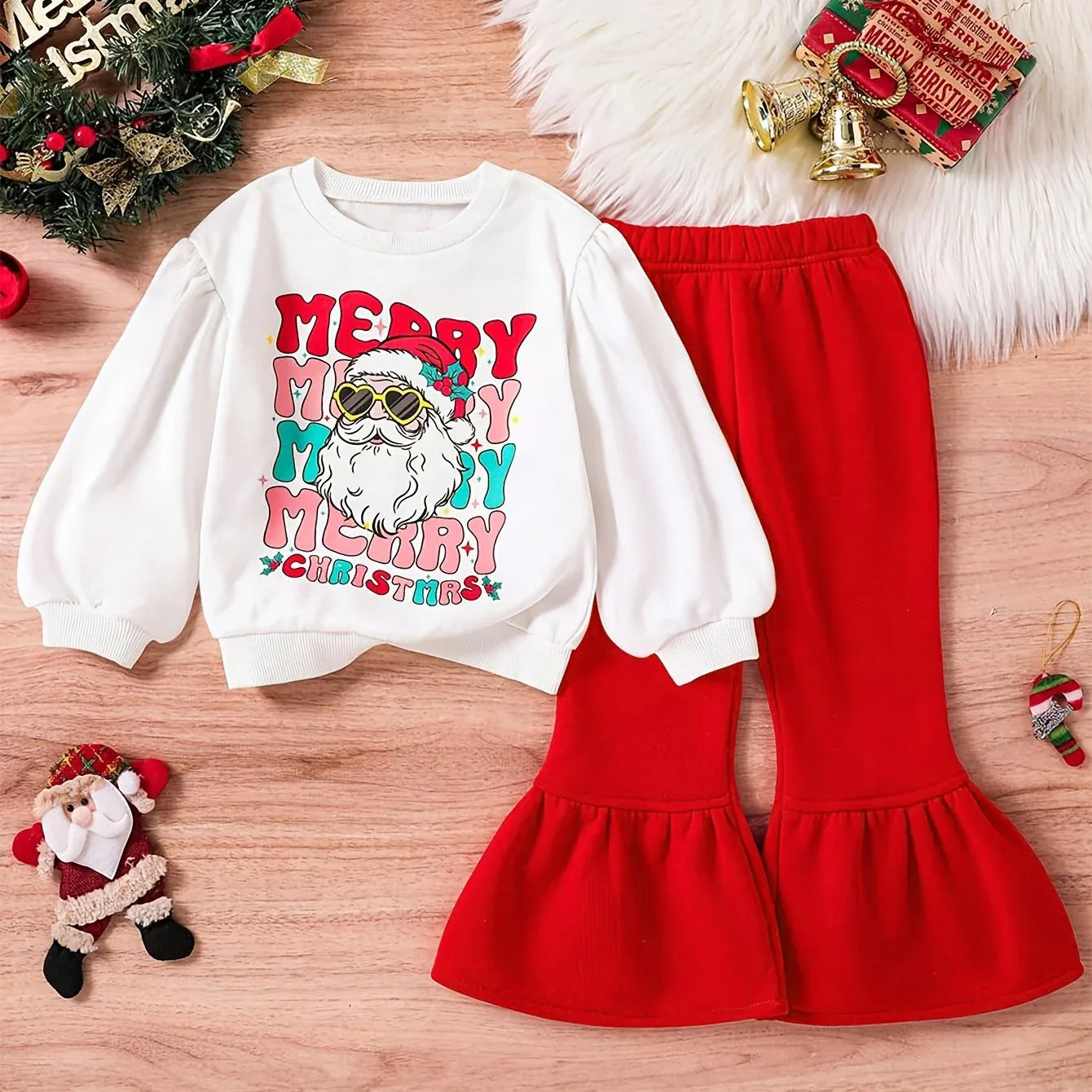 Cute Cartoon Santa Claus Pattern White Long-Sleeve Sweatshirt with Round Neck And Red Flared Pants Two-Piece Set for Baby Girls, Perfect for Autumn And Winter Outings During Christmas, for Outdoor - alotasawkli