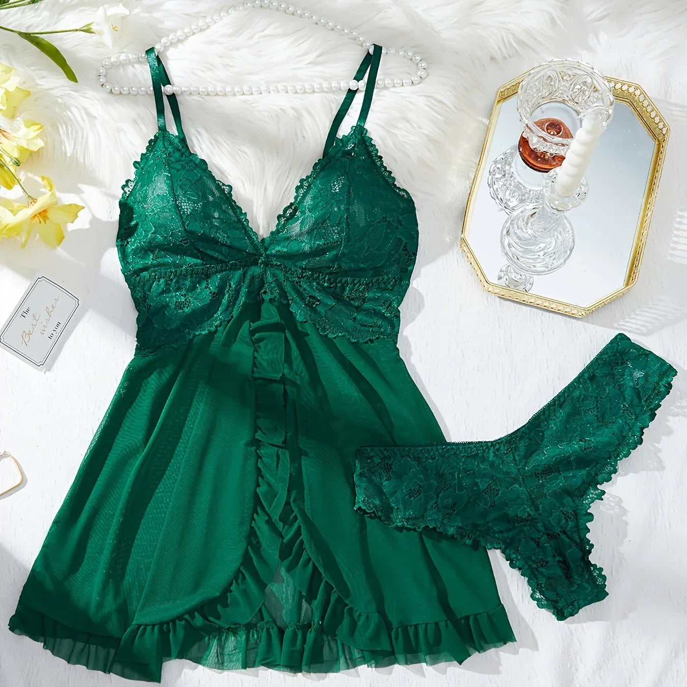 TEMU-Sexy Women'S Sleepwear Set | Solid Color with Contrast Lace Details, Lingerie Collection - alotasawkli