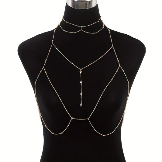 TEMU-Fashion Rhinestone Round Bead Necklace + Body Chain Set - alotasawkli