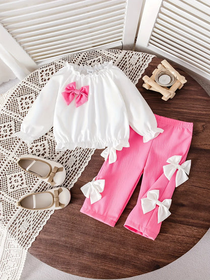 Girls' Autumn/Winter Oversized Bow Top + Four Bow Long Pants Set with Ruffled Collar, Sweet Princess Style, Warm, Perfect for Outdoor - alotasawkli