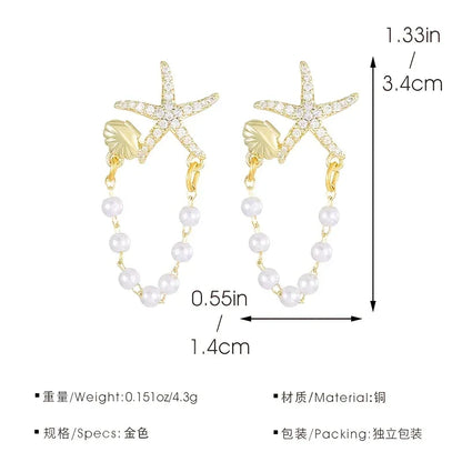 Pair of Starfish Shell Ocean Style Earrings - 18K Golden Plated Zinc - alotasawkli