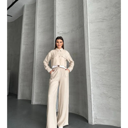 مجموعة قميص كروب واسع الأرجل للنساء من VOLT CLOTHING مع تفاصيل جيب - alotasawkli